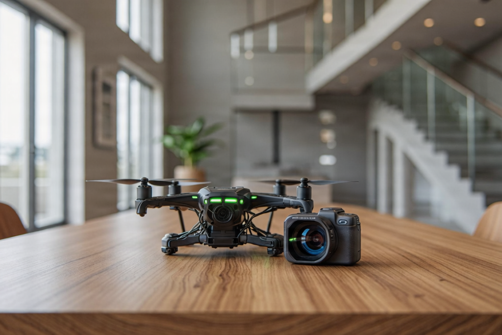 Picture showing a drone and a sports camera on a table of a modern house.