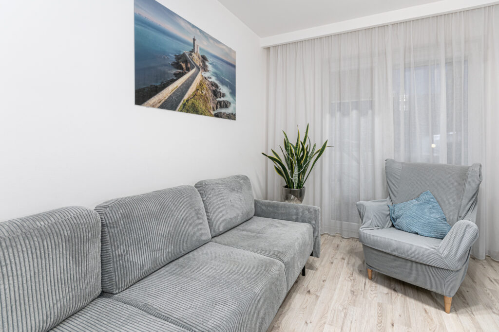 Jasny salon z szarą sofą, roślinami i dużymi oknami.