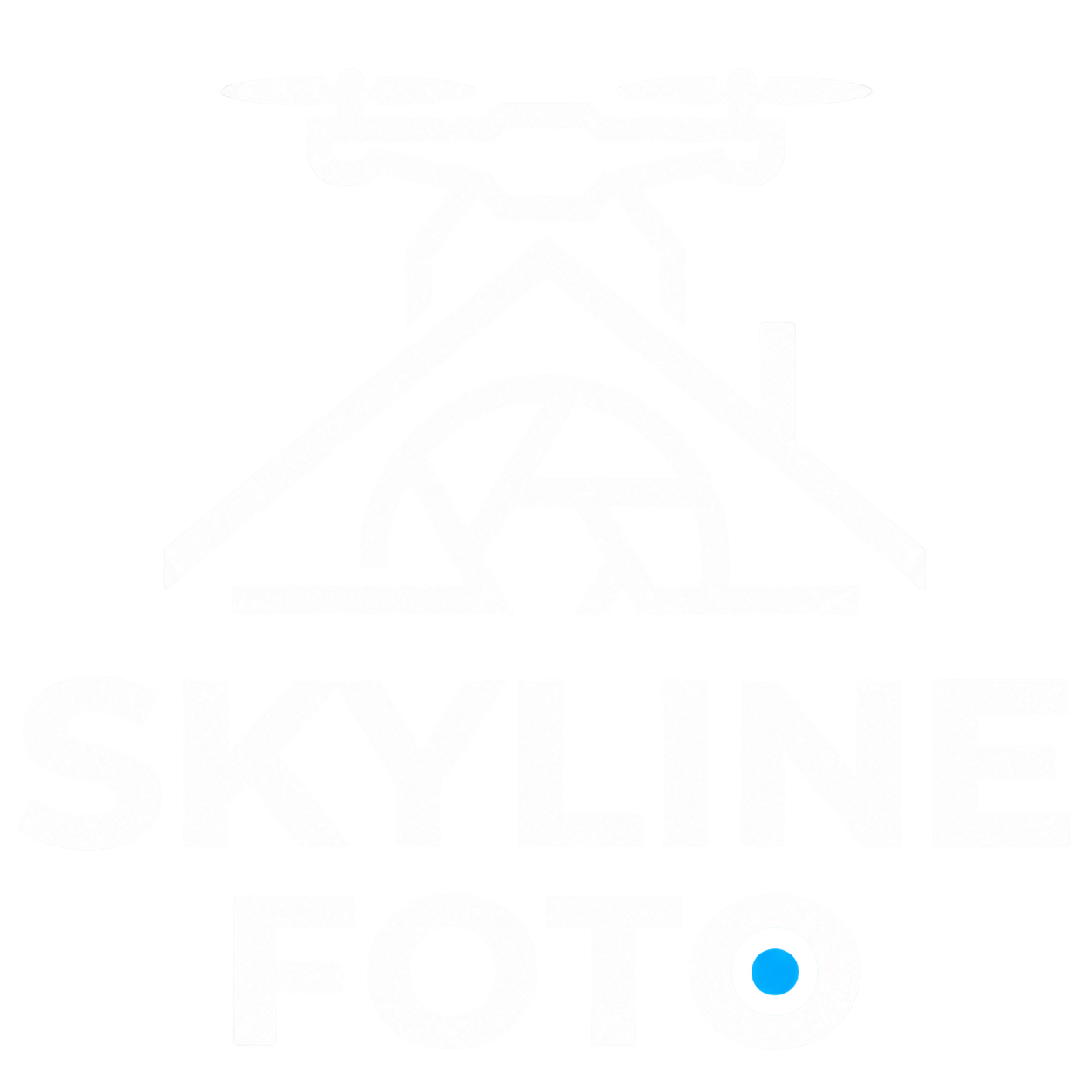 Białe logo Skyline Foto z symbolem drona, obiektywu i nazwą marki.